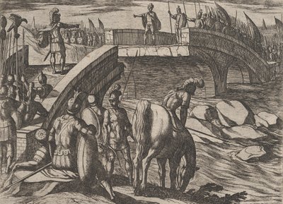 Płyta 36: Civilis i Cerialis spotykają się na zepsutym moście, aby osiągnąć porozumienie, z filmu Wojna o..., 1611. autorstwa Antonio Tempesta