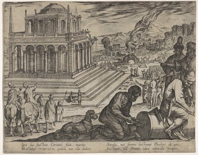 Tablica 5: Grobowiec Mausolus, kamieniarze tworzą kolumnę po prawej stronie z Siedmiu Cudów..., 1608. autorstwa Antonio Tempesta