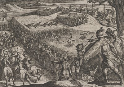 Tablica 6: Rzymianie pokonani w pobliżu Renu, z Wojna Rzymian z Batawami…, 1611. autorstwa Antonio Tempesta