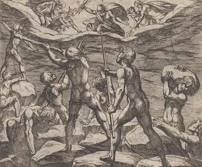 Tablica 6: Giganci próbują szturmować Olimp Gigantomachia, z „Metamorfozy...” Owidiusza, 1606. autorstwa Antonio Tempesta