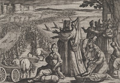 Tablica 8: Kobiety i dzieci obserwują walkę Cywilów z Rzymianami, z filmu Wojna Romów..., 1611. autorstwa Antonio Tempesta