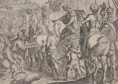 Tablica 9: Triumfalny wjazd Aleksandra do Babilonu, z Czynów Aleksandra Wielkiego, ..., 1608. autorstwa Antonio Tempesta