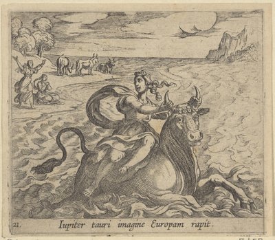 Furgon dachowy Europa Jowisz chwyta Europę na obraz byka (tytuł na obiekcie) Transformacja wielkości metamorfoseonu (tytuł serii) Metamorfosen van Ovidius (tytuł serii) autorstwa Antonio Tempesta