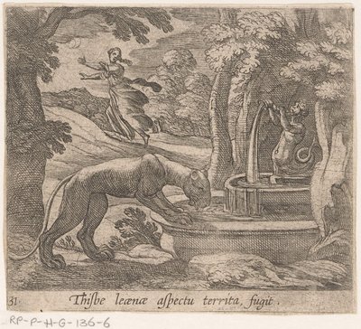 Thisbe vlucht voor leeuwin przez bron Ten aspekt terytorium fugit (tytuł na przedmiocie) Metamorfoza i transformacja (tytuł serii) Metamorfozy Owidiusza (tytuł serii) autorstwa Antonio Tempesta