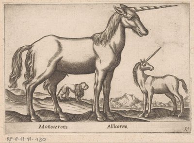 Dwa jednorożce i lew Monoceron/ Allicorno (tytuł na obiekcie) Zwierzęta i mityczne stworzenia (tytuł serii) Nova raccolta de li animali piu curiosi del mondo (tytuł serii) autorstwa Antonio Tempesta