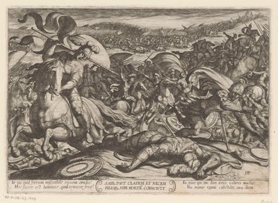 Samobójstwo Saula po jego klęsce z Filistynami Saul post cladem et necem fillor sibl morte conscivit (tytuł na obiekcie) Sceny batalistyczne ze Starego Testamentu (tytuł serii) autorstwa Antonio Tempesta