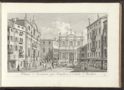 Gezicht op Campo San Salvador te Venetië Ulica św. Zbawiciela, jej świątynia i szkoła św. Teodora (tytuł na obiekcie) Gezichten op bugemenen en pleinen in Venetië (tytuł serii) Bardziej znane widoki Wenecji, z Kanału Antoniusza, 38 paneli powietrza autorstwa Antonio Visentini