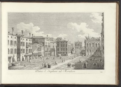 Gezicht op Campo Santo Stefano te Venetië Plac św. Szczepana na południe (tytuł na obiekcie) Gezichten op bugemenen en pleinen in Venetië (tytuł serii) Najsłynniejsze widoki Wenecji z 38 paneli Kanału Antoniusza, wydrukowane na mosiądzu przez Antonio Viss autorstwa Antonio Visentini