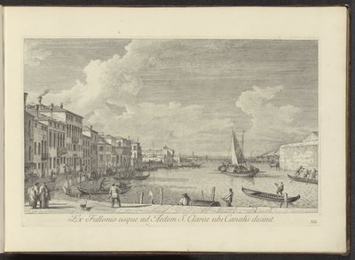 Gezicht op het Canal Grande en de kerk de Santa Chiara te Venetië Z pralni do Domu Św. Klary, gdzie kończy się Kanał (tytuł na obiekcie) Najsłynniejsze widoki Wenecji, z 38. paneli Kanału Antoniusza, wydrukowane na mosiądzu przez Antonio Vissentiniego w autorstwa Antonio Visentini