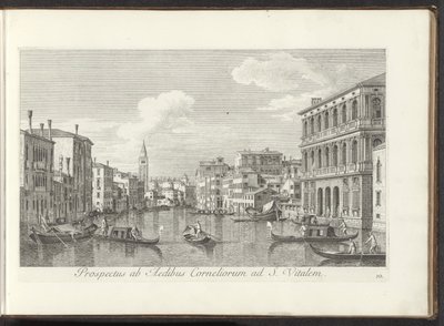 Gezicht op het Canal Grande en de toren van de San Vitale te Venetië Widok z Domu Korneliusza na św. Witala (tytuł na obiekcie) Najsłynniejsze widoki Wenecji z 38 paneli Antoniusa Canal, wydrukowane na drewnie przez Antonio Vissentiniego autorstwa Antonio Visentini