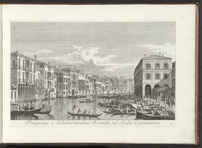 Gezicht op het Canal Grande te Venetië Widok z podbudów Rivoalti na Aedes Civranorum (tytuł na obiekcie) Najsłynniejsze widoki Wenecji z 38 paneli Antoniusa Canal, wydrukowane na mosiądzu przez Antonio Vissentiniego, podzielone na trzy części. p autorstwa Antonio Visentini