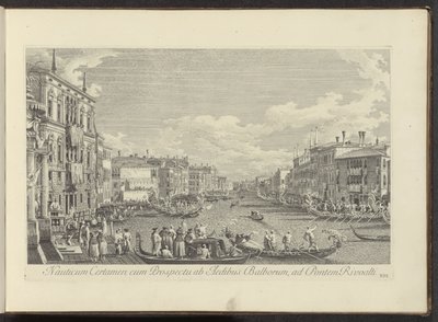 Gezicht op het Canal Grande te Venetië waar de Regata plaatsvindt Zawody morskie z widokiem z domów Balbore na most Rivoalti (tytuł na obiekcie) Bardziej znane widoki Wenecji, z 38 paneli Antonius Canal wydrukowanych na antenie przez Antonio autorstwa Antonio Visentini