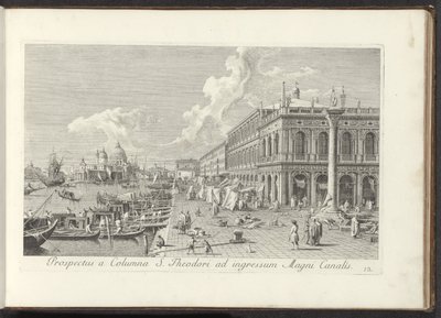 Hoek van het San Marcoplein met de Biblioteca Marciana Widok z kolumny św. Teodora na wejście do Canal Grande (tytuł na obiekcie) Najsłynniejsze widoki Wenecji, z 38 paneli Antoniusa Canal z mosiądzu, wydrukowane przez Antonio Vissentiniego w częściach t autorstwa Antonio Visentini