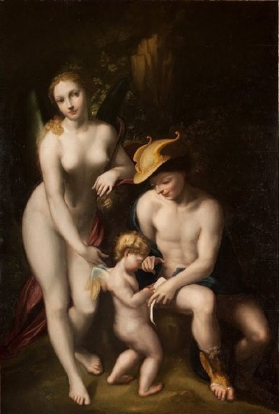 Wenus z Merkurym i Kupidynem, Szkoła miłości, Antonio da Correggio, wystawiona w zamku Chenonceau. autorstwa Antonio da Correggio