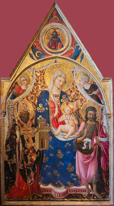 Madonna z Dzieciątkiem w otoczeniu świętych


 Tytuł(y) alternatywny(e):   Gonfalon. Prawa strona: Madonna z Dzieciątkiem, z biskupem, św. Janem Chrzcicielem i aniołami. Górna część - Chrystus błogosławiący. Odwrotna strona: Ukrzyżowanie z Matką Boską i św autorstwa Antonio da Firenze