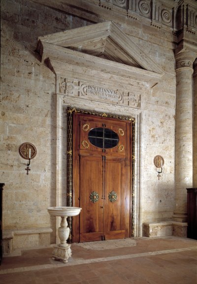 Drzwi drewniane, widok wnętrza kościoła św Biagio autorstwa Antonio da the elder Sangallo