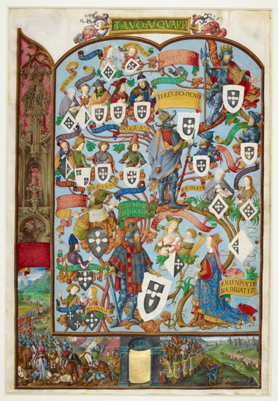 Drzewo genealogiczne królów Portugalii przedstawiające pochodzenie od Sancho Capello i Alfonsa III. Margines dolny: bitwa pod Salado w 1340 autorstwa Antonio de Hollanda