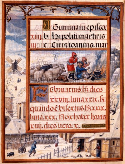 Miesiąc luty, miniatury z Godzinek Domu Manuela, 1517-38 (tempera na welinie) autorstwa Antonio de Hollanda
