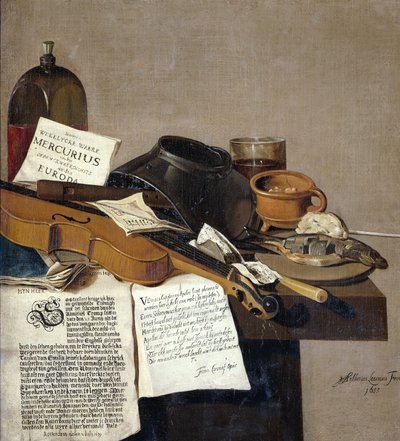 Martwa natura z broszurami Skrzypce, flet, jedzenie i broszury autorstwa Antonius Leemans