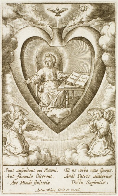 Dzieciątko Jezus siedzące w Najświętszym Sercu z otwartą księgą autorstwa Antonius Wierix (II)