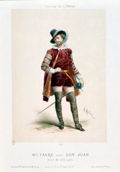 Wokalista Jean-Baptiste (Jean Baptiste) Faure (1830-1914) wykonujący Don Giovanniego (Don Juan) w operze o tym samym tytule Wolfganga Amadeusza Mozarta (1756-1791) podczas występu w Teatrze Operowym w Paryżu. Litografia Antony Morlona (1834-1914) Colle autorstwa Antony Paul Emile Morlon