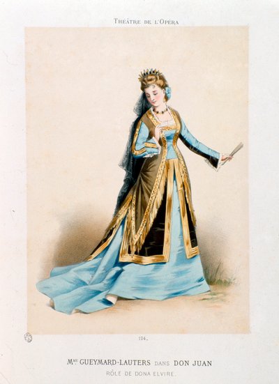 Śpiewaczka Pauline Lauters-Gueymard (Lauters Gueymard) (1834-1876) wykonująca Donę Elvire w operze Don Giovanni (Don Juan) Wolfganga Amadeusza Mozarta (1756-1791) podczas występu w Teatrze Operowym w Paryżu. Litografia Antony Morlona (1834-1914) Prywatne autorstwa Antony Paul Emile Morlon