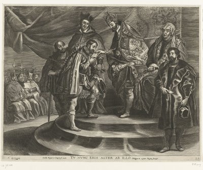 Troonsafsand van Karel V; incht van Ferdinand te Gent w 1635 (blad 25) Karol ogołocił się z Królestwa i Cesarstwa / Teraz będziesz po nim drugi / Filip II odbiera królestwo ojcu (tytuł na obiekcie) autorstwa Antony van der Does