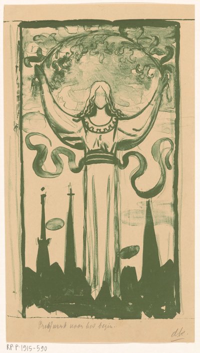 Kobieca postać trzymająca gałązkę kwiatów nad głową autorstwa Antoon Derkinderen (signed by artist)