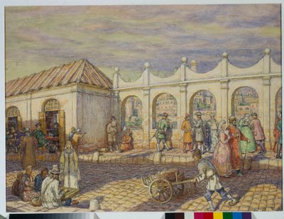 Scena uliczna na Kamiennym Moście (Moście Wszystkich Świętych) w Moskwie w czasach Piotra I Wielkiego (1672-1725) - Grafika Appolinariego Mikhaylovicha Vasnetsova (1856-1933) autorstwa Apollinari Mikhailovich Vasnetsov