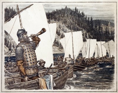 Jermak Timofiejewicz (ok. 1540-1585) nad rzeką Irtysz. (Jermak Timofiejewicz nad Irtyszem). Epizod eksploracji i podboju Syberii, 1583. Praca Appolinariego Mikhaylovicha Vasnetsova (1856-1933), litografia 1916. Sztuka rosyjska, XX autorstwa Apollinari Mikhailovich Vasnetsov