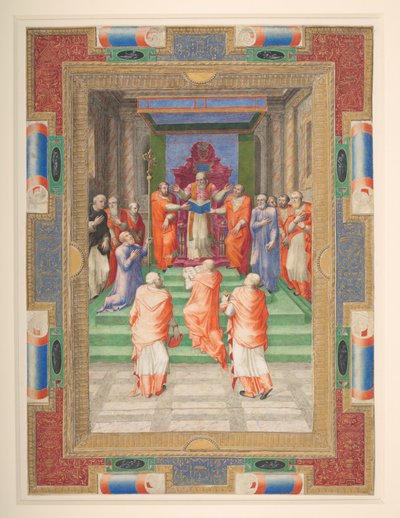 Papieska ceremonia, Paweł IV staje przed papieskim tronem, Add. MS 35254 Q, ok. 1555-59 (welum) autorstwa Apollonio di Bonfratelli