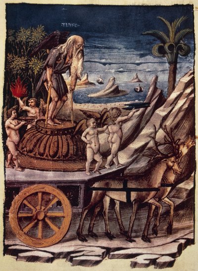 Triumf Czasu, rydwan Czasu ciągnięty przez jelenia, miniatura Apollonio di Giovanni (1415 lub 1417-ca 1465) z Triumphs, poemat alegoryczny Francesco Petrarca (1304-1374), rękopis 1129, folio 42, verso, Włochy autorstwa Apollonio di Giovanni di Tommaso