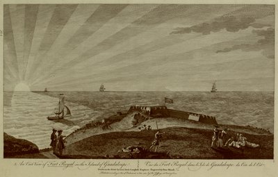Grupa żołnierzy spoczywa na szczycie wzgórza na pierwszym planie, a za nim Fort Royal, żaglowce i słońce zachodzące w morzu w tle autorstwa Archibald (after) Campbell