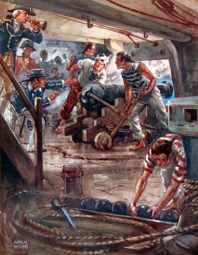"Każde działo ze swoich Adamantynowych ust roztacza wokół okrętów cień śmierci" (kolorowa litografia) autorstwa Archibald Bertram (after) Webb