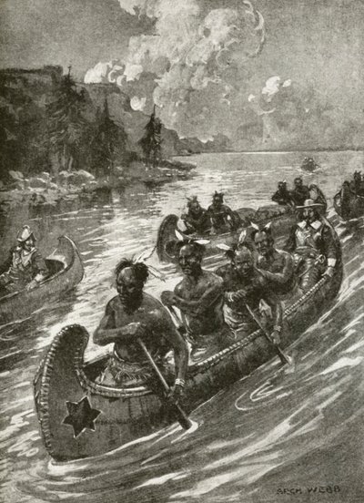 Samuel De Champlain w 1608 r. wspinał się po rzece Świętego Wawrzyńca w kajakach przyjaznych rdzennych Indian amerykańskich (lito) autorstwa Archibald Bertram (after) Webb