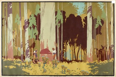 Ścięcie drzewa Karri, Australia Zachodnia, z cyklu „Australijskie bogactwo pszenicy i wełny” autorstwa Archibald Bertram Webb
