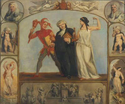 obraz; olej na płótnie - Portret Rentona Nicholsona z alegorycznymi scenami i postaciami autorstwa Archibald Henning