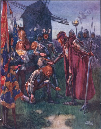 Książę przed swoim Ojcem pokornie klęka: Jego bitwa — całkowicie jego! ilustracja z Ballad o słynnych walkach, ok. 1900 autorstwa Archibald Webb
