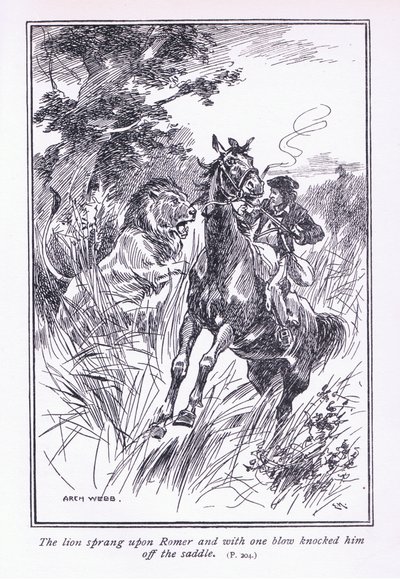 Lew rzucił się na Romera i jednym ciosem zrzucił go z siodła, 1900 autorstwa Archibald Webb