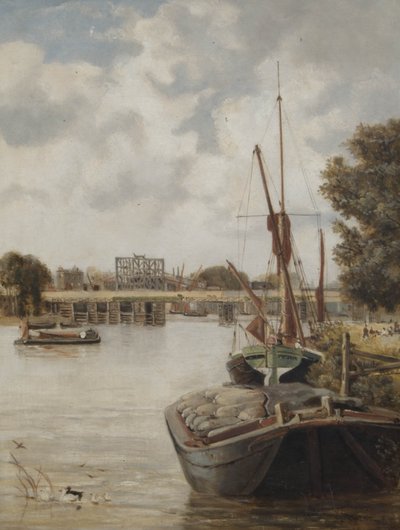 Obecny most Hammersmith w budowie, z widocznym mostem tymczasowym, 1886 r. autorstwa Archibald Webb