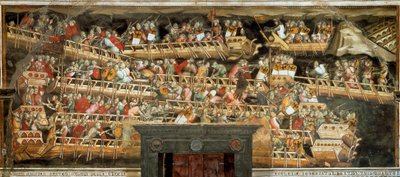 Bitwa morska w Punta Salvatore, przeciwstawiająca armię Fryderyka Barberossy Wenecjanom (Fresco autorstwa Aretino Luca Spinello or Spinelli