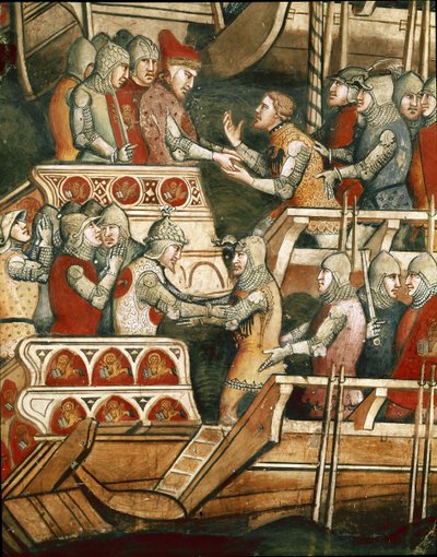 Bitwa morska w Punta Salvore w Zatoce Triesteńskiej. Szczegóły wymiany zakładników (Fresco autorstwa Aretino Luca Spinello or Spinelli