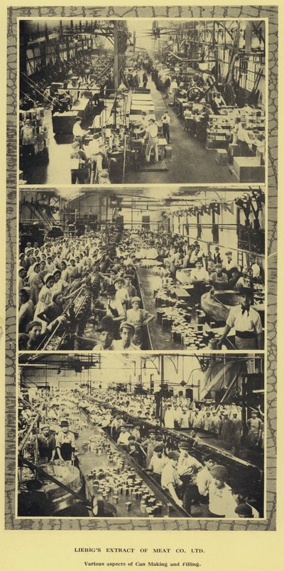 Produkcja i napełnianie puszek, fabryka Liebig Extract of Meat Company, Ltd, Argentyna (zdjęcie czarno-białe) autorstwa Argentinian Photographer
