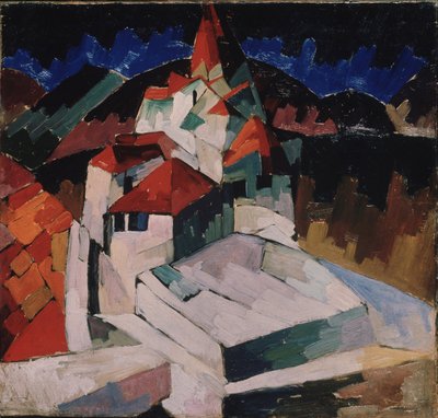 Kościół w Kisłowodzku (Północny Kaukaz, Rosja) (Kościół w Kisłowodzku). Kubistyczny opis budowli sakralnej w krajobrazie. Obraz Aristarkha Vasiliyevicha Lentulova (Lentulov) (1882-1943), olej na płótnie autorstwa Aristarkh Vasilievic Lentulov