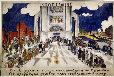 Współpraca. Studiuj na plakat. (Współpraca. Studium do plakatu). Polityczna inscenizacja współdziałania robotników przemysłu i chłopstwa, którzy w dwóch odrębnych szeregach, ubrani w stroje charakterystyczne dla ich działalności, autorstwa Aristarkh Vasilievic Lentulov