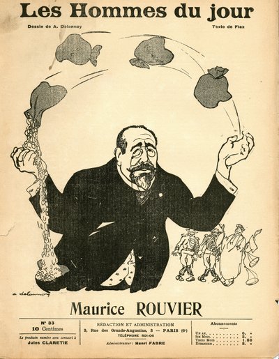 Okładka „Les Hommes du jour”, ok. 1906 r. – ilustracja Aristide Delannoy (1874-1911): srebro – Rouvier Maurice (1842-1911) – żonglerka autorstwa Aristide Delannoy
