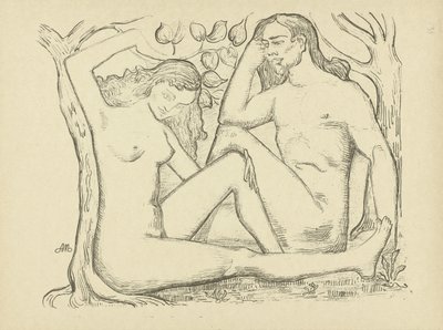 Adam i Ewa siedzą przy drzewie Nagi mężczyzna i kobieta L