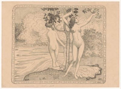 Dwie kobiety kąpiące się pod drzewem na nabrzeżu Deux baigneuses nues sous un arbre au bord de l