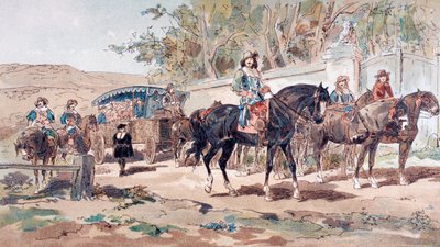 Praca publiczna ciągnięta przez konia lub trener z XVII wieku z konną eskortą, 1886 r. autorstwa Armand Jean Heins