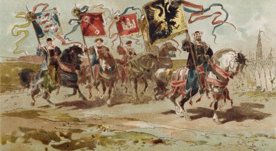 Jeźdźcy niosący sztandary Związku Hanzeatyckiego i niektórych z jego miast członkowskich, Niderlandy hiszpańskie, XVI wiek autorstwa Armand Jean Heins